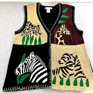 Womens Sweater Vest Animal Safari Zebra Tiger  Embroidered SZ 1X Small Flaw